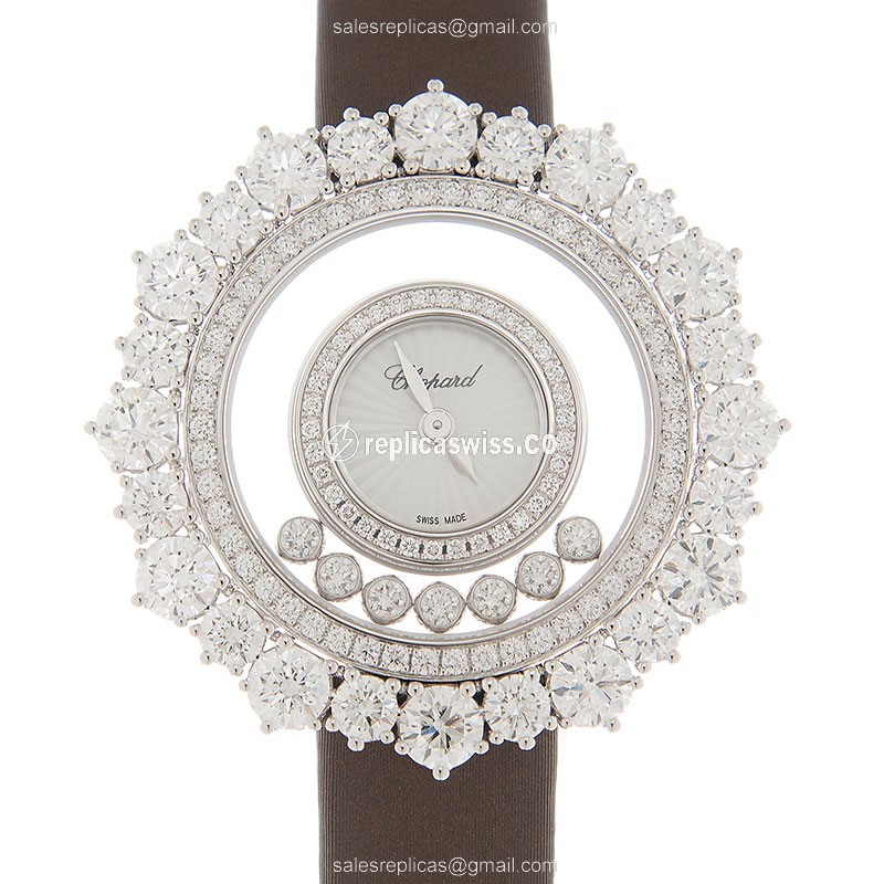 Chopard 209436-1002 Happy Diamond - Quartz - 18kt White Gold - Diamond Dial - Brown Silk Strap